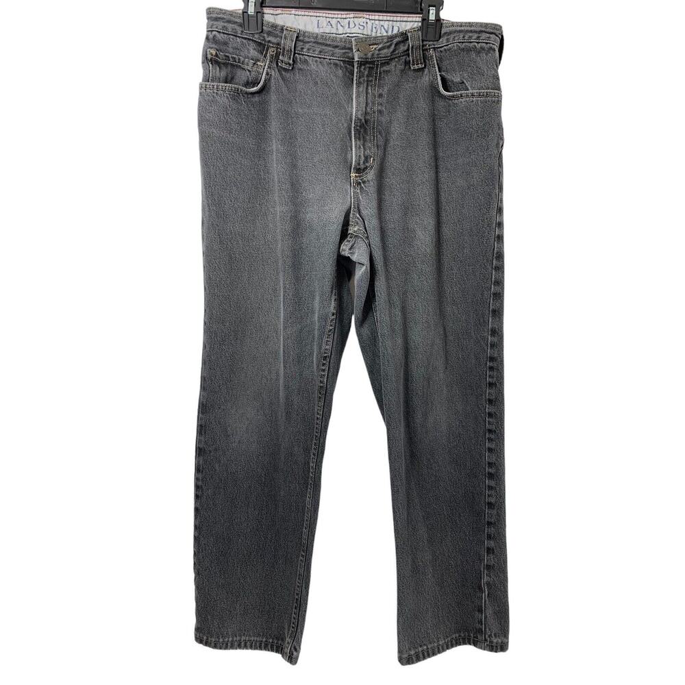 Lands' End Traditional Fit Jeans Mens Size 36 Distress Grunge Black Faded Denim
